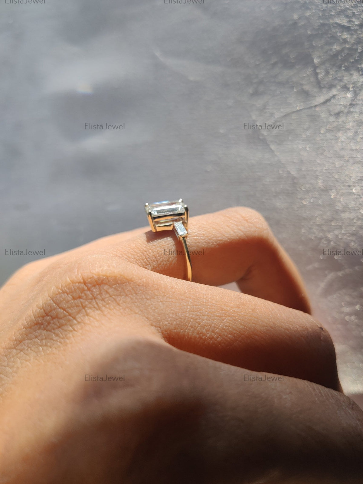 2.50 CT Emerald Cut Lab Grown Diamond 14K Yellow Gold Engagement Ring. - Ring on Hand View