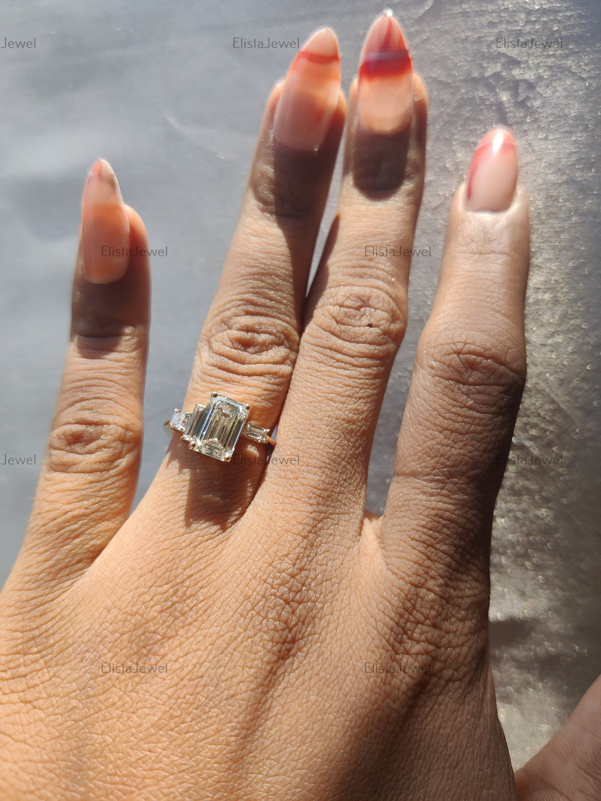 2.50 CT Emerald Cut Lab Grown Diamond 14K Yellow Gold Engagement Ring. - Lifestyle View