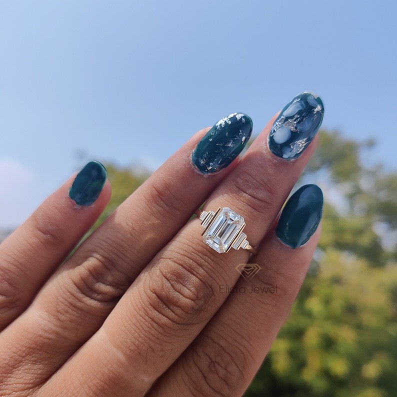 2.50CT Emerald Cut Lab Grown Diamond Bar Set Five Stone Engagement Ring in 14K Rose Gold - Profile View