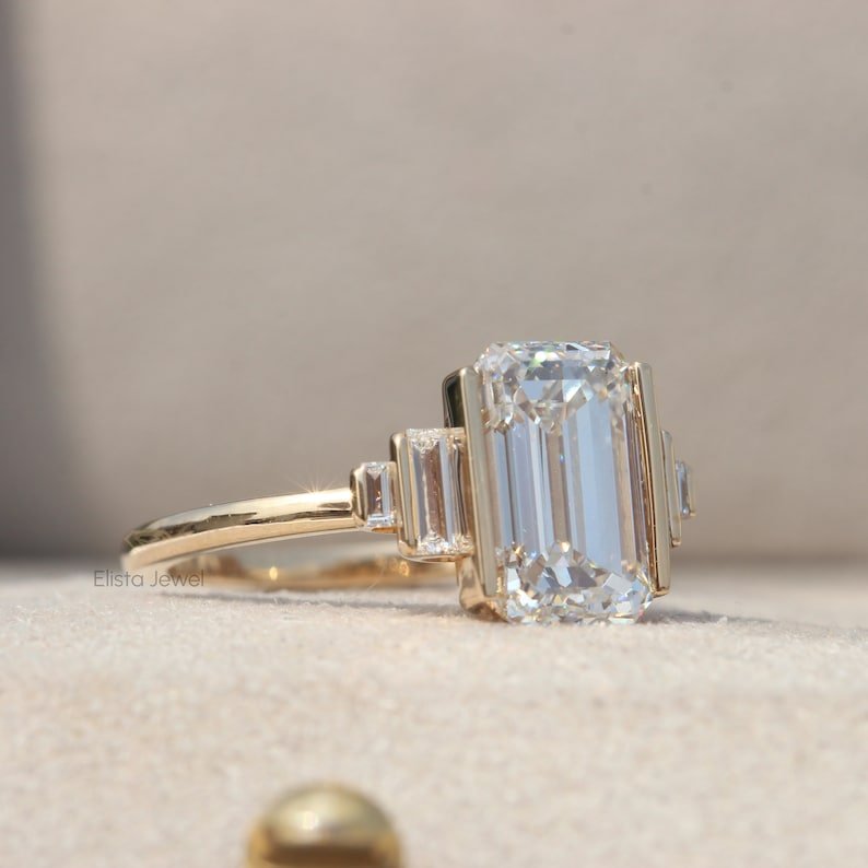 2.50CT Emerald Cut Lab Grown Diamond Bar Set Five Stone Engagement Ring in 10K Rose Gold - Angled View