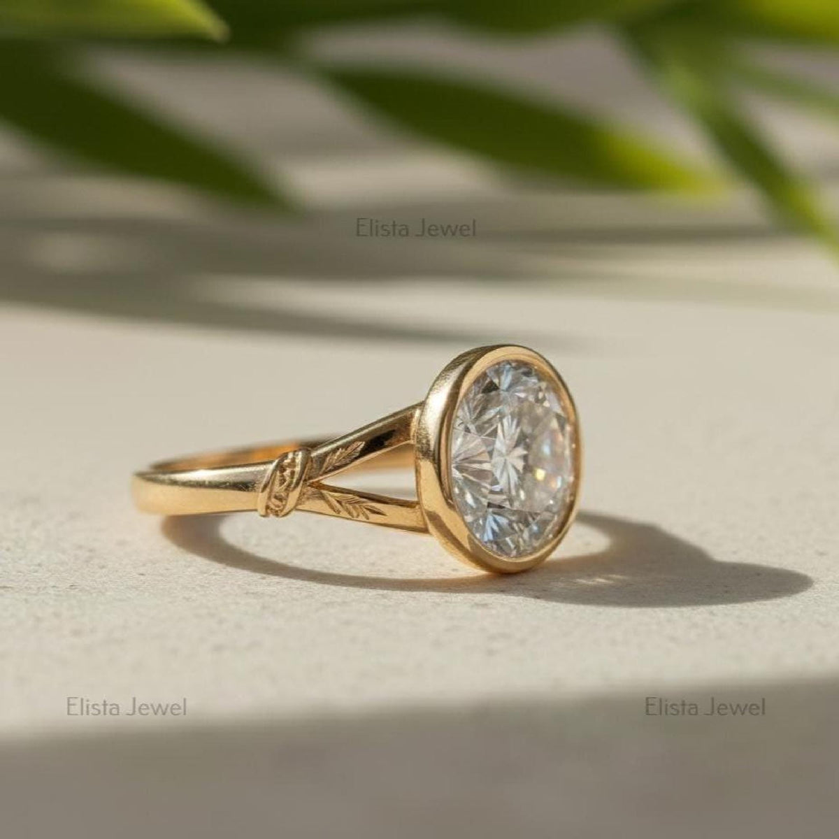 2Ct Lab-Grown Diamond Bezel Engagement Ring, 14K Gold Botanical Solitaire