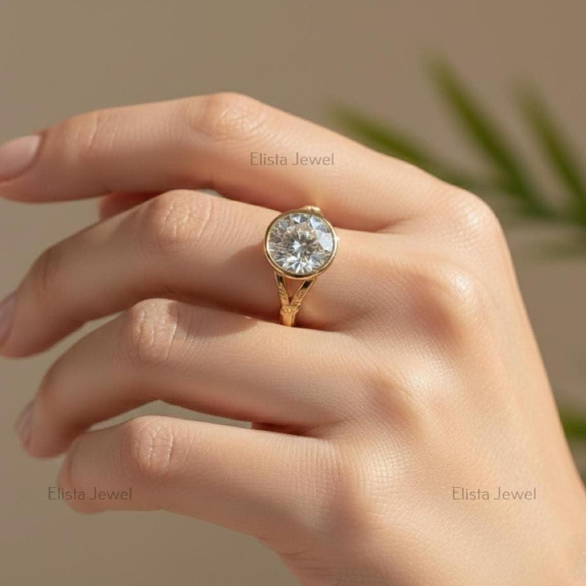 2Ct Lab-Grown Diamond Bezel Engagement Ring, 14K Gold Botanical Solitaire