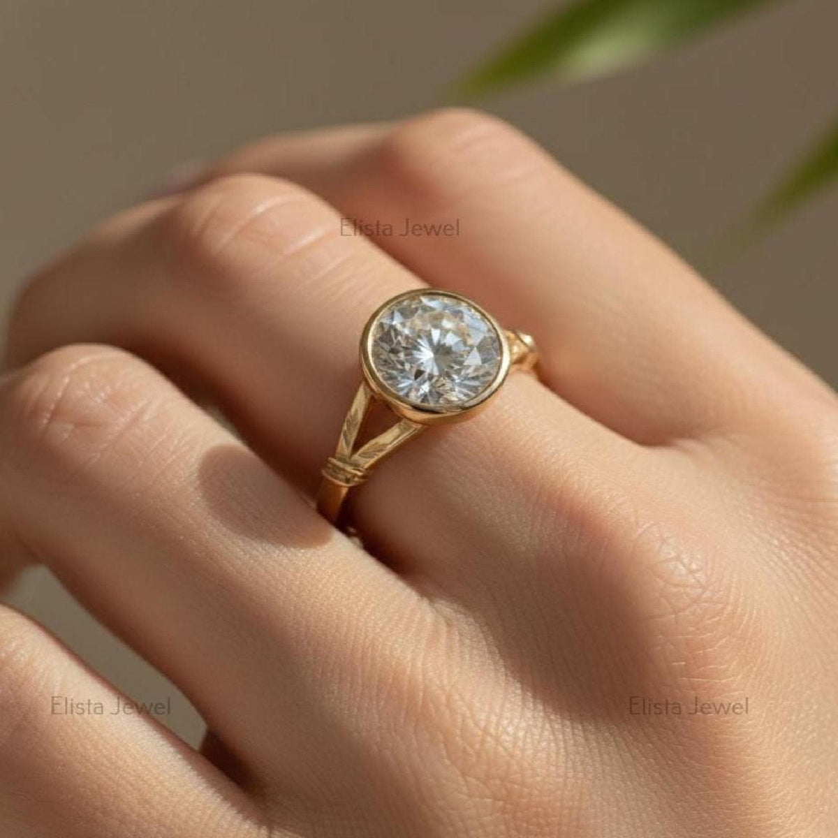 2Ct Lab-Grown Diamond Bezel Engagement Ring, 14K Gold Botanical Solitaire
