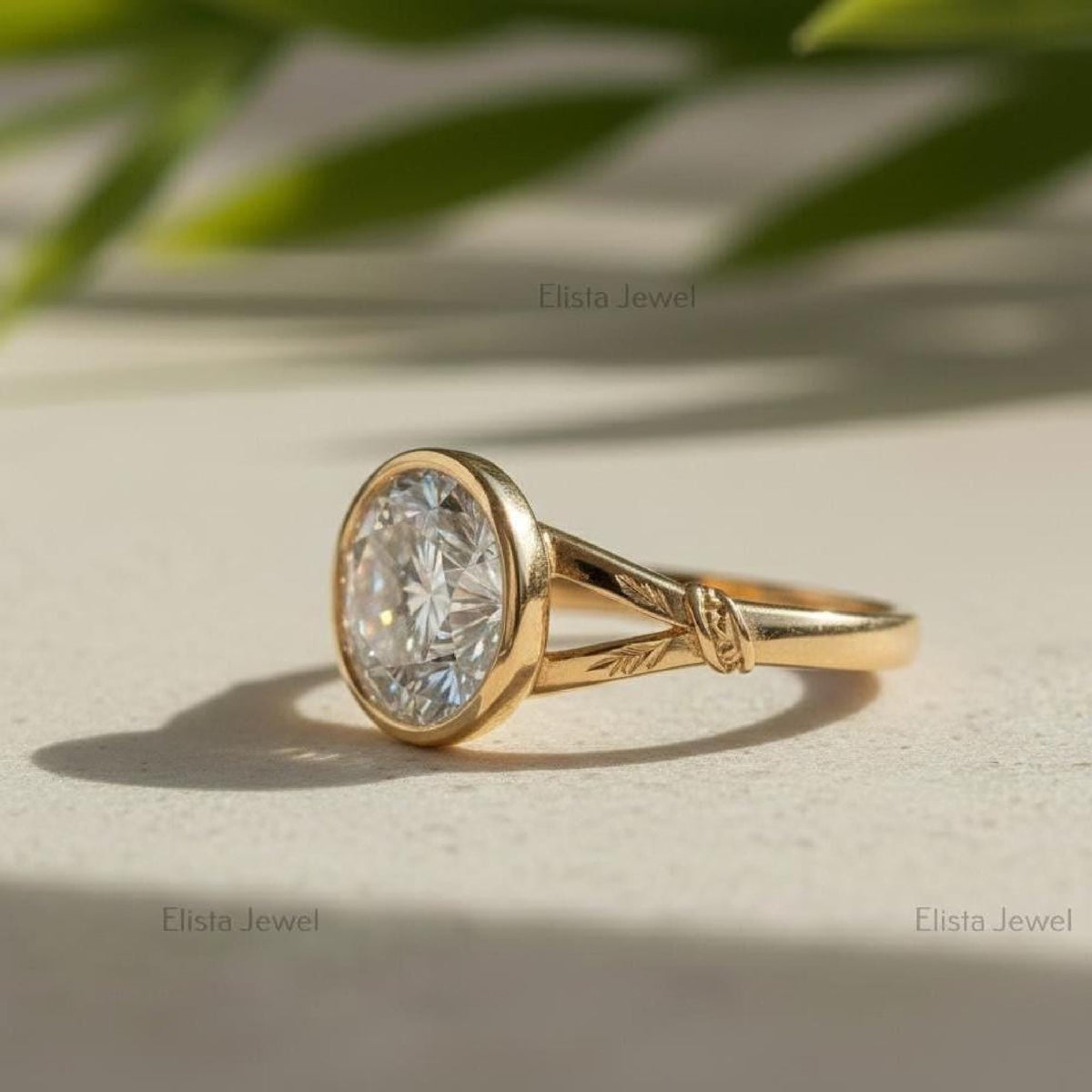 2Ct Lab-Grown Diamond Bezel Engagement Ring, 14K Gold Botanical Solitaire