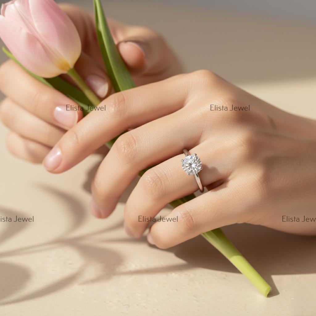 2CT Lab Grown Diamond Solitaire Ring, 14K White Gold Engagement Ring