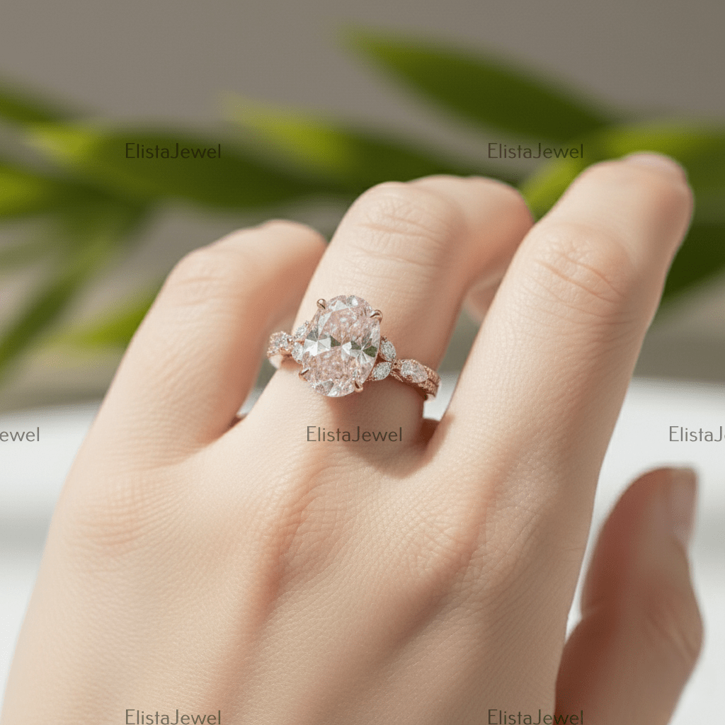 3CT Oval Lab Grown Pink Diamond Engagement Ring With 14K Rose Gold Matching Band - Close-up View