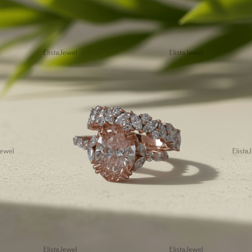 3CT Oval Lab Grown Pink Diamond Engagement Ring With 14K Rose Gold Matching Band - Side View