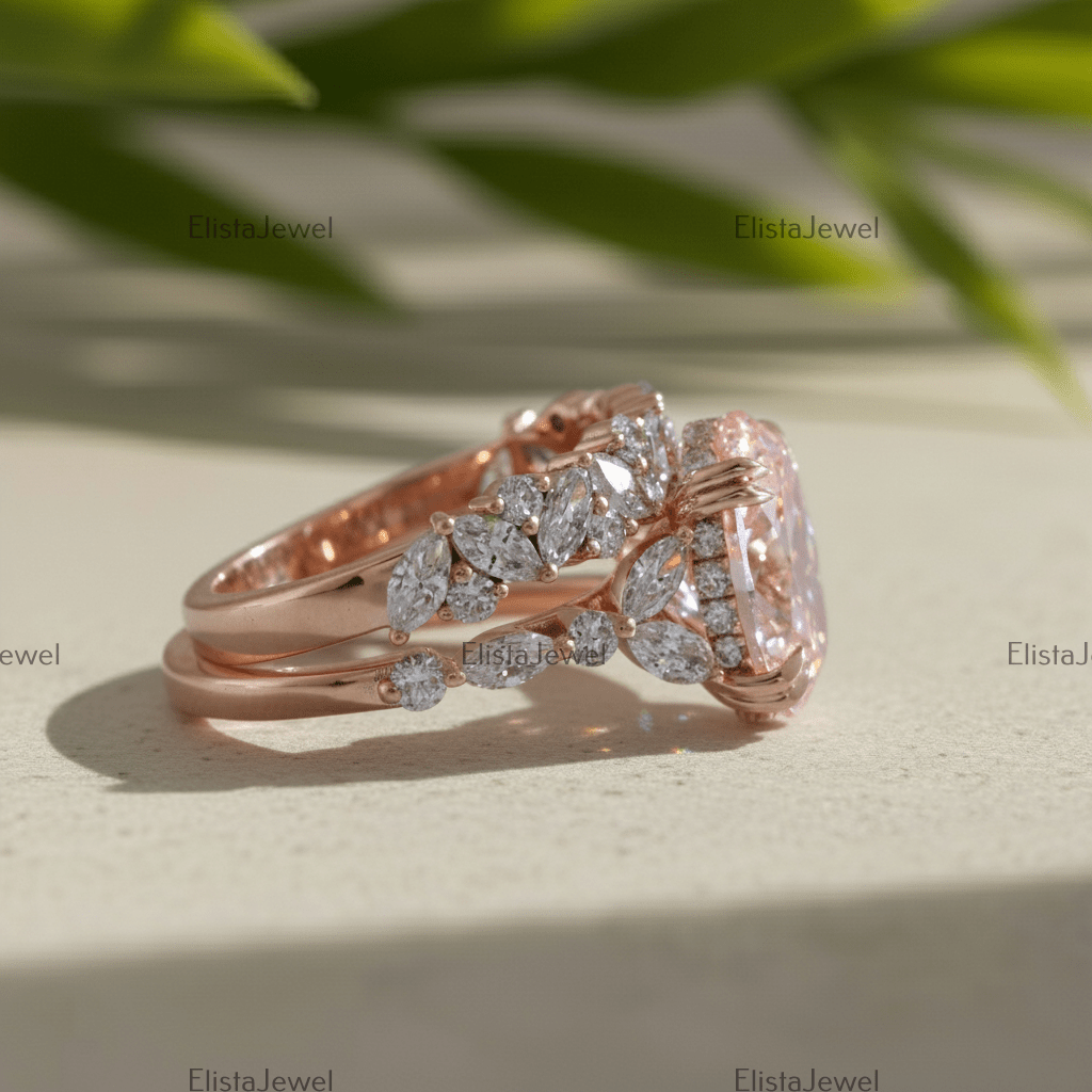 3CT Oval Lab Grown Pink Diamond Engagement Ring With 14K Rose Gold Matching Band - Top View