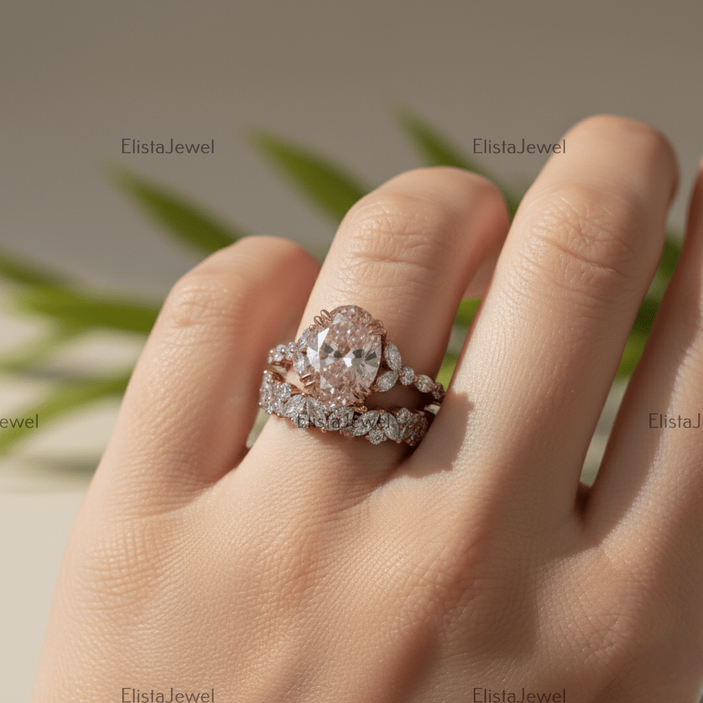 3CT Oval Lab Grown Pink Diamond Engagement Ring With 14K Rose Gold Matching Band - Detail View