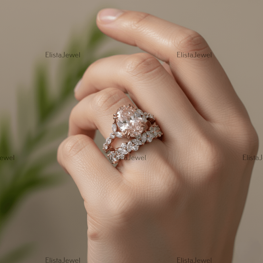 3CT Oval Lab Grown Pink Diamond Engagement Ring With 14K Rose Gold Matching Band - Front View