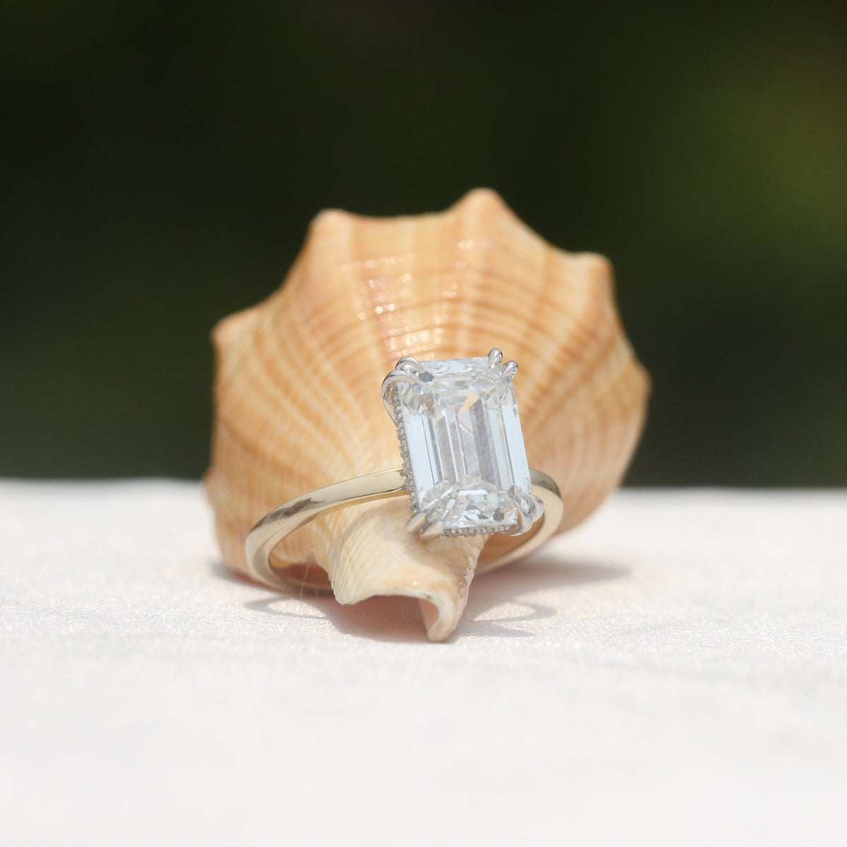 5CT Emerald Cut Lab Grown Diamond 14K Gold Two tone engagement ring - Side View
