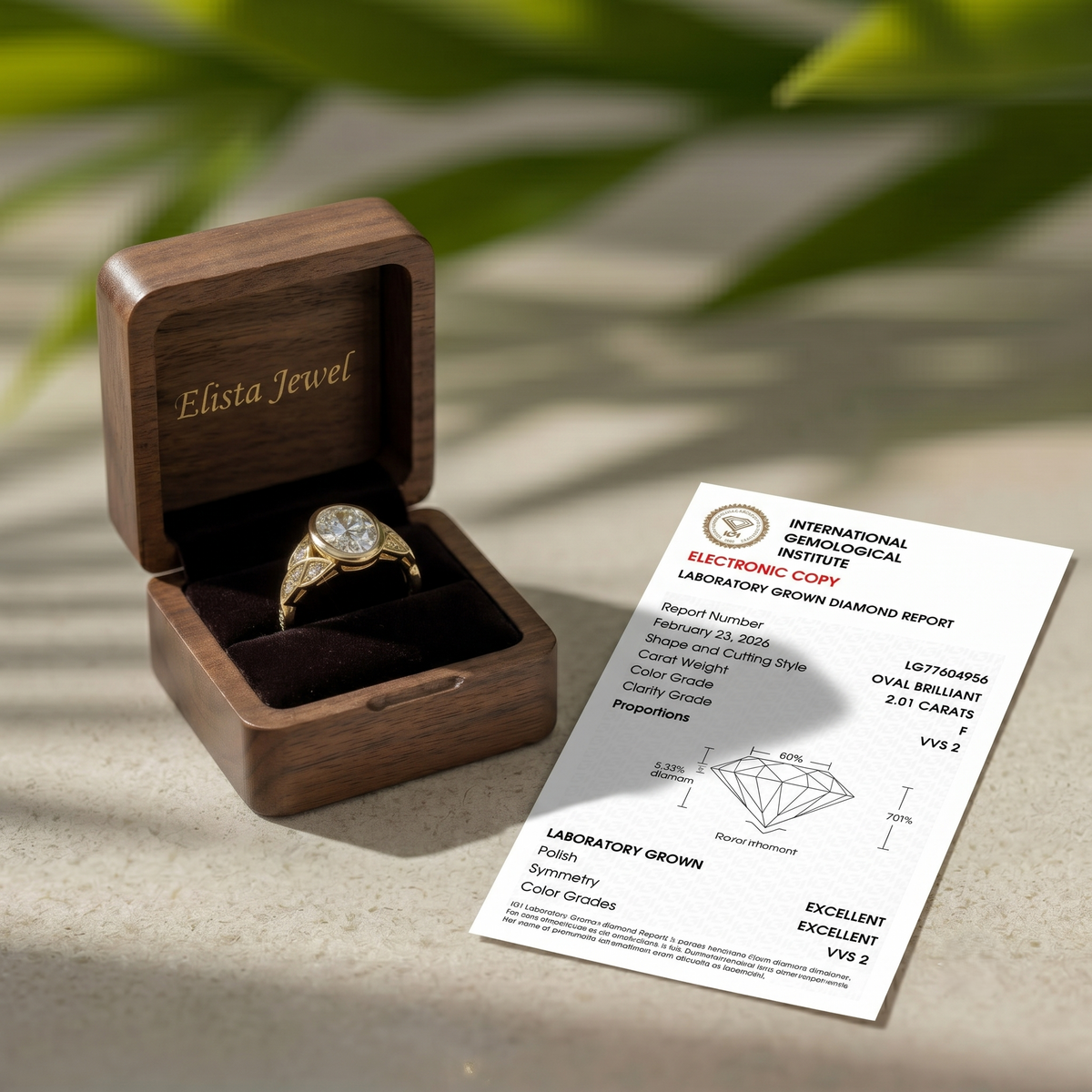 2 Carat Oval Lab Grown F/VVS2 Diamond Bezel Set Engagement Ring, 14K Yellow Gold Vintage Leaf Filigree, IGI Certified Diamond