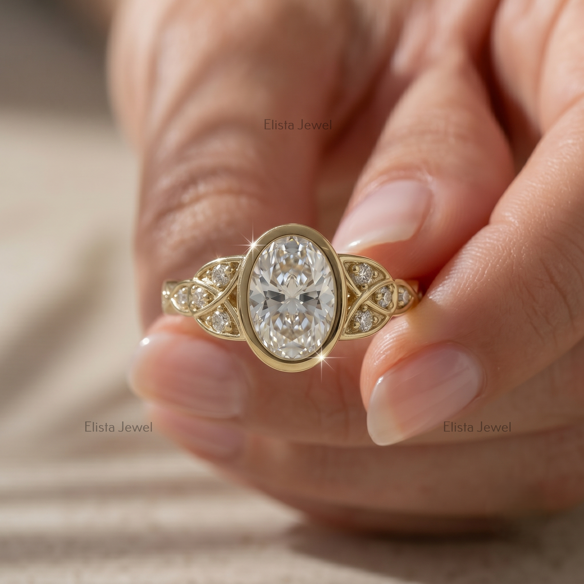 2 Carat Oval Lab Grown F/VVS2 Diamond Bezel Set Engagement Ring, 14K Yellow Gold Vintage Leaf Filigree, IGI Certified Diamond