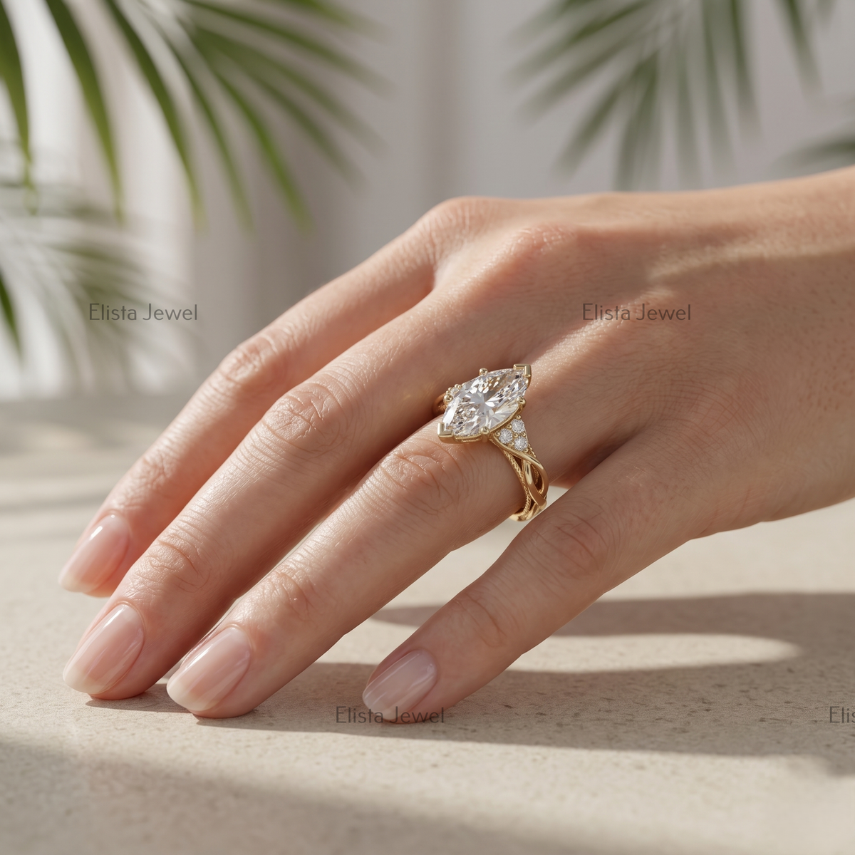 2 Carat F/VVS2 Marquise Lab Grown Diamond Cluster Engagement Ring, 14K Yellow Gold Modern Wedding Ring