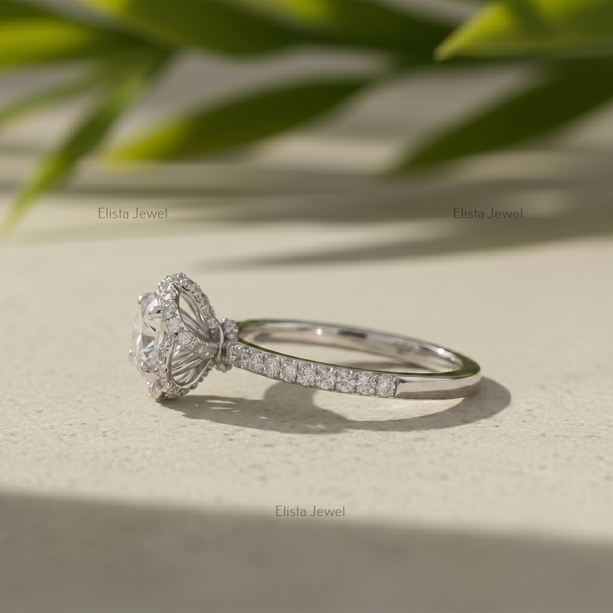 Round Lab Grown Diamond Halo Engagement Ring, Vintage Floral White Gold, IGI Certified