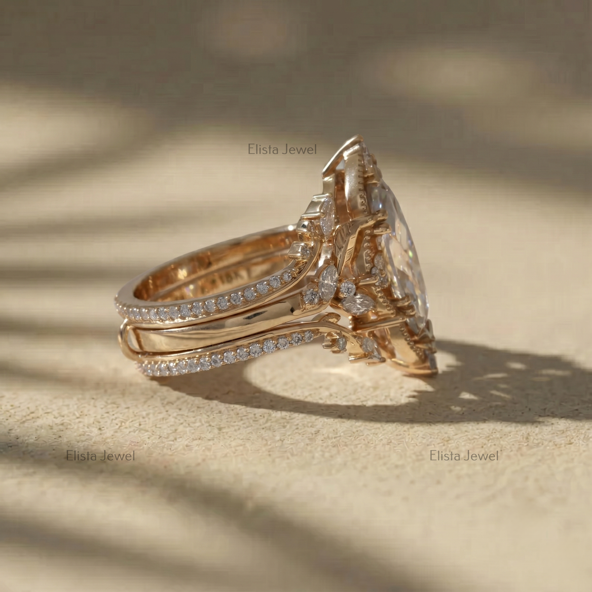 Marquise Lab Grown Diamond Ring Set, Vintage Floral Engagement Ring, Yellow Gold Bridal Set, Unique Wedding Ring for Women