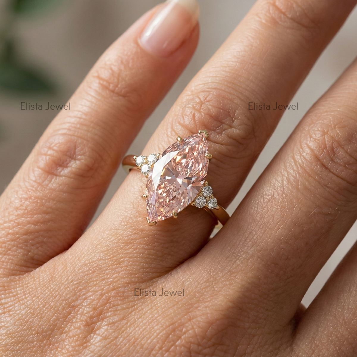 Fancy Pink Marquise Lab Grown Diamond Engagement Ring in 10K Solid Yellow Gold, IGI Certified Pink Diamond Ring