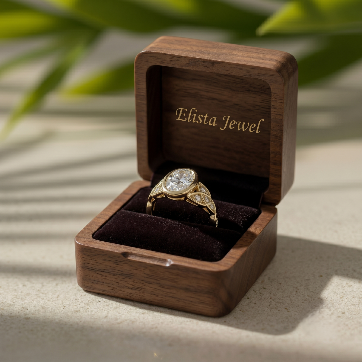 2 Carat Oval Lab Grown F/VVS2 Diamond Bezel Set Engagement Ring, 14K Yellow Gold Vintage Leaf Filigree, IGI Certified Diamond