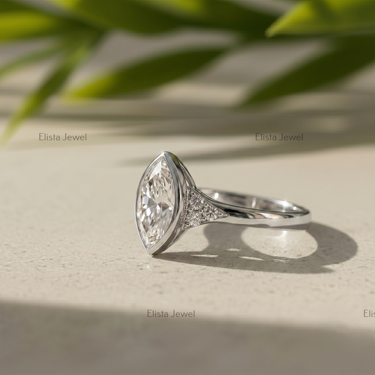3 Carat F/VVS2 Marquise Lab Diamond Cluster Ring, 950 Platinum Bezel Set Engagement