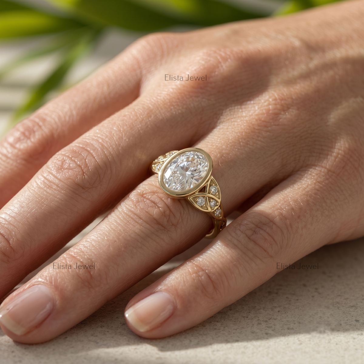 2 Carat Oval Lab Grown F/VVS2 Diamond Bezel Set Engagement Ring, 14K Yellow Gold Vintage Leaf Filigree, IGI Certified Diamond