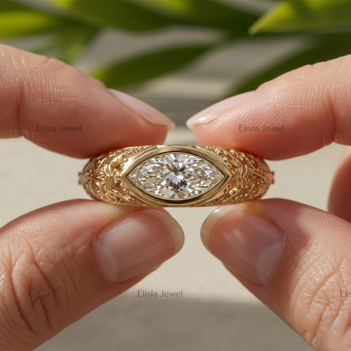 1 Carat Marquise Lab Grown Diamond Bezel Set Vintage Filigree Engagement Ring In 14K Yellow Gold, Hidden Birthstone Ring