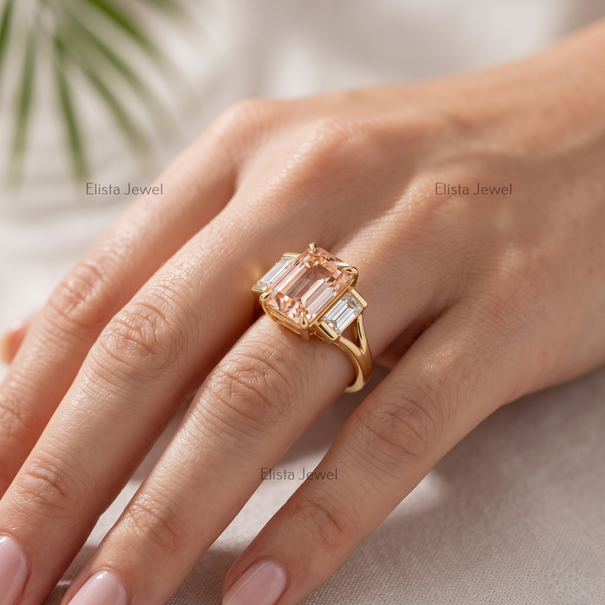 2 Carat Fancy Pink Emerald Lab Grown Diamond Three Stone Engagement Ring, 18K Yellow Gold Split Shank Band