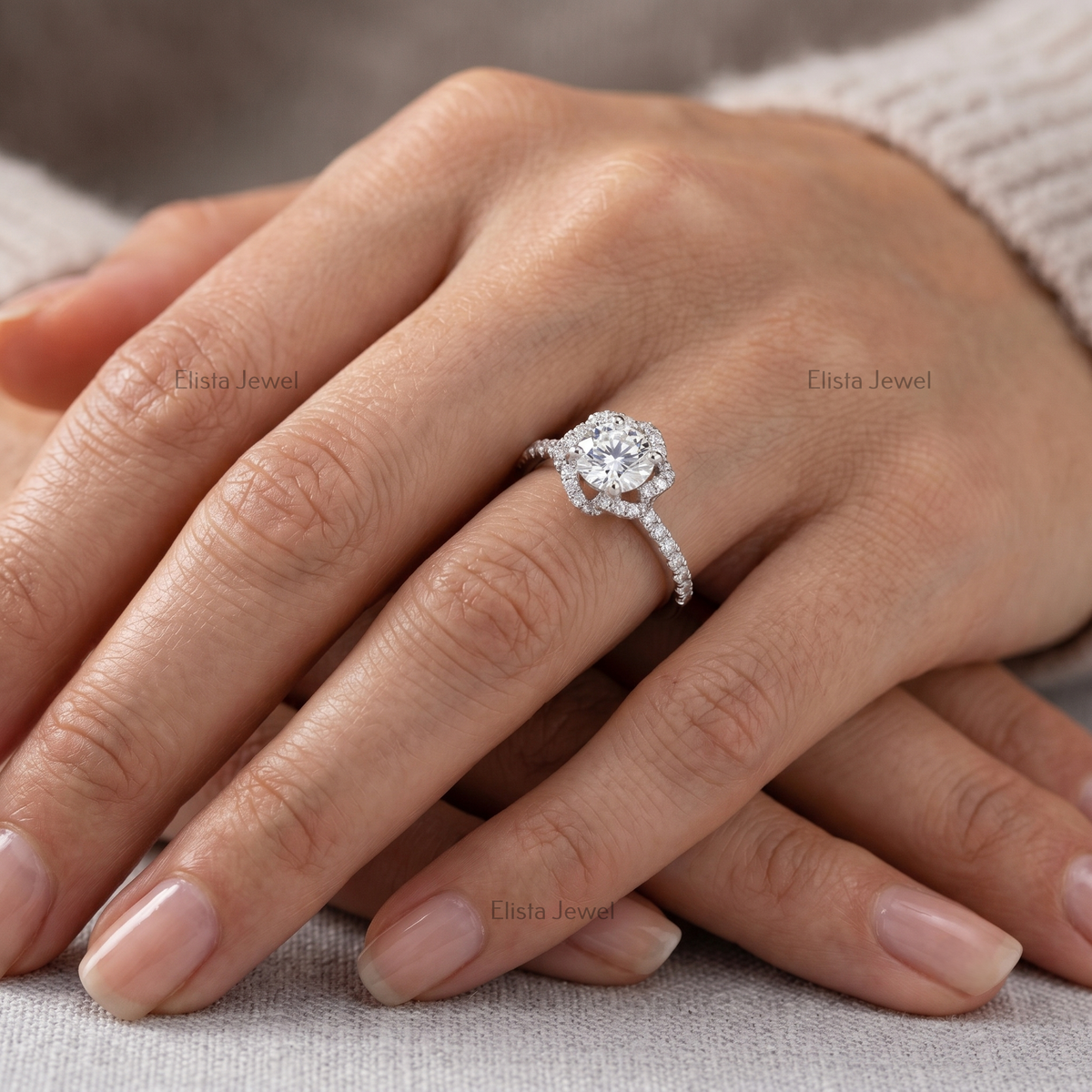 Round Lab Grown Diamond Halo Engagement Ring, Vintage Floral White Gold, IGI Certified