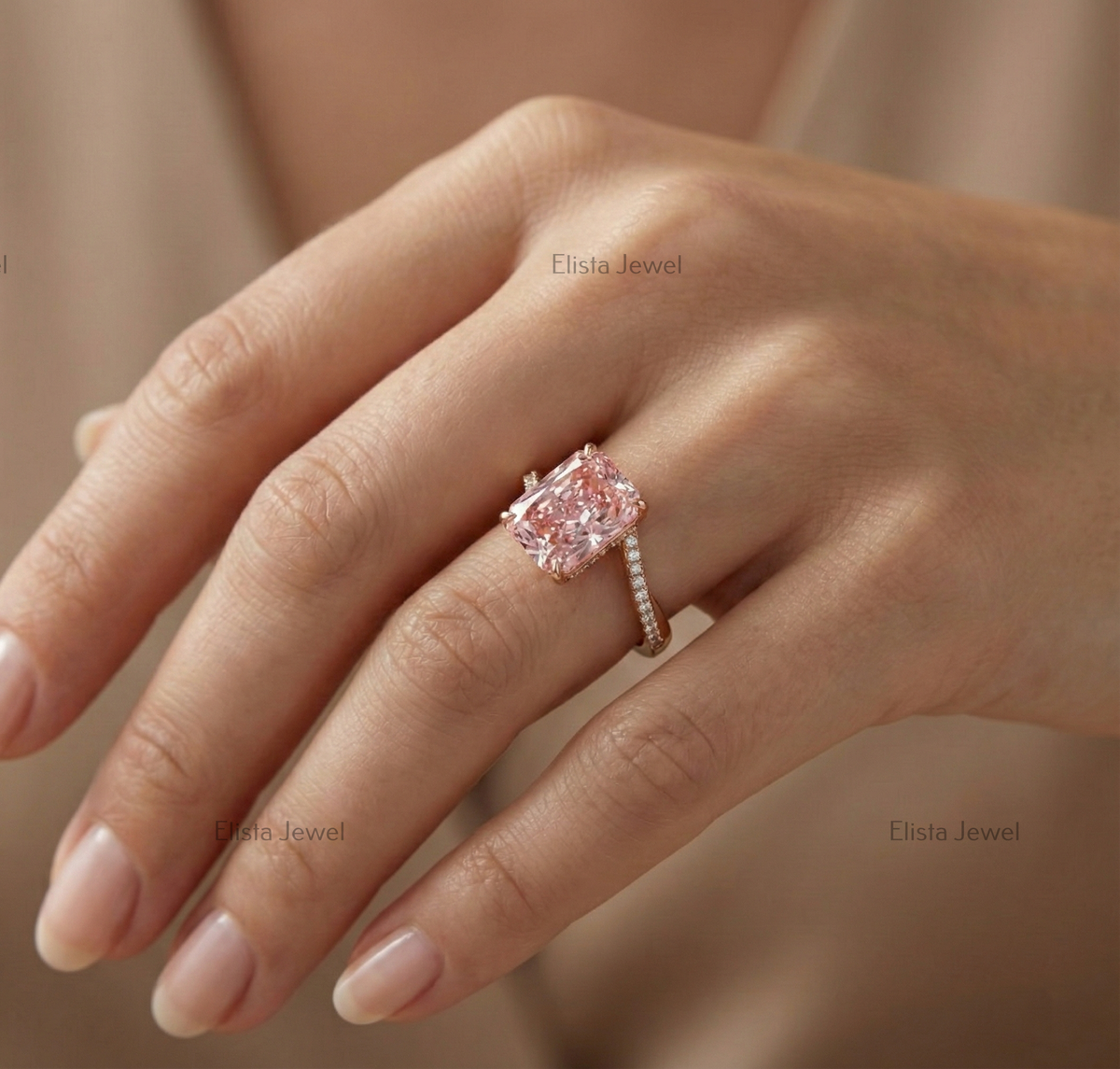 Pink Radiant Lab Diamond Ring, 14K Rose Gold Twisted Band