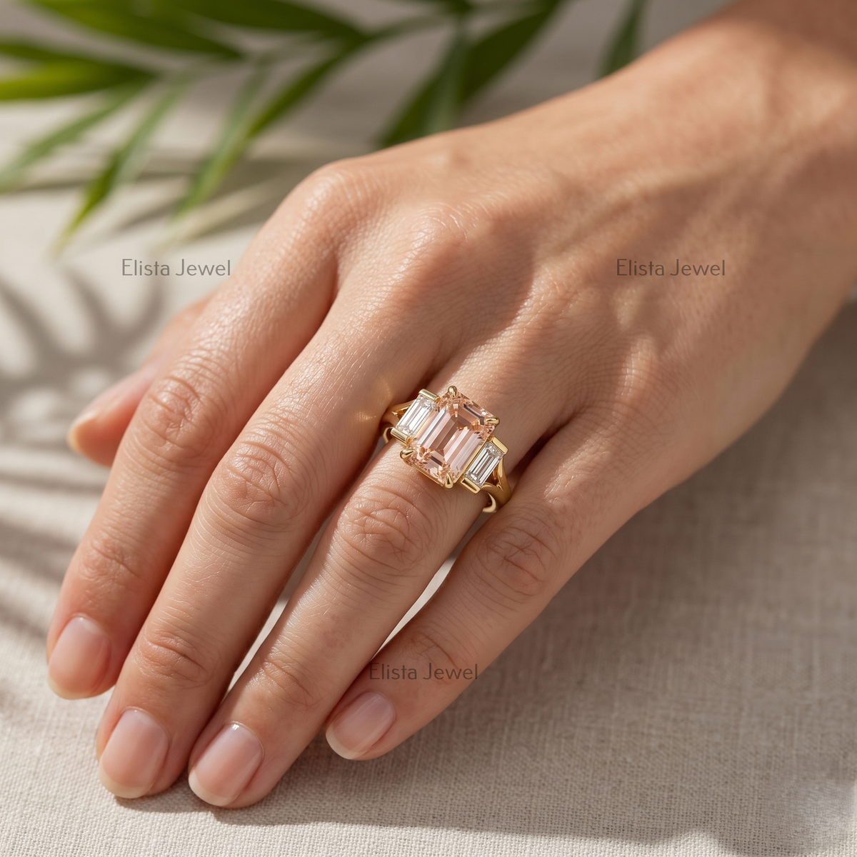 2 Carat Fancy Pink Emerald Lab Grown Diamond Three Stone Engagement Ring, 18K Yellow Gold Split Shank Band
