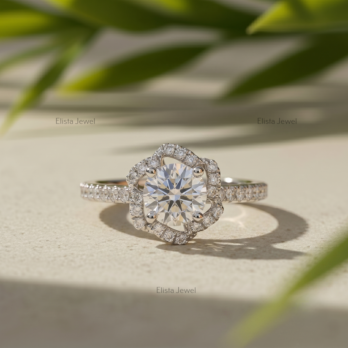 Round Lab Grown Diamond Halo Engagement Ring, Vintage Floral White Gold, IGI Certified