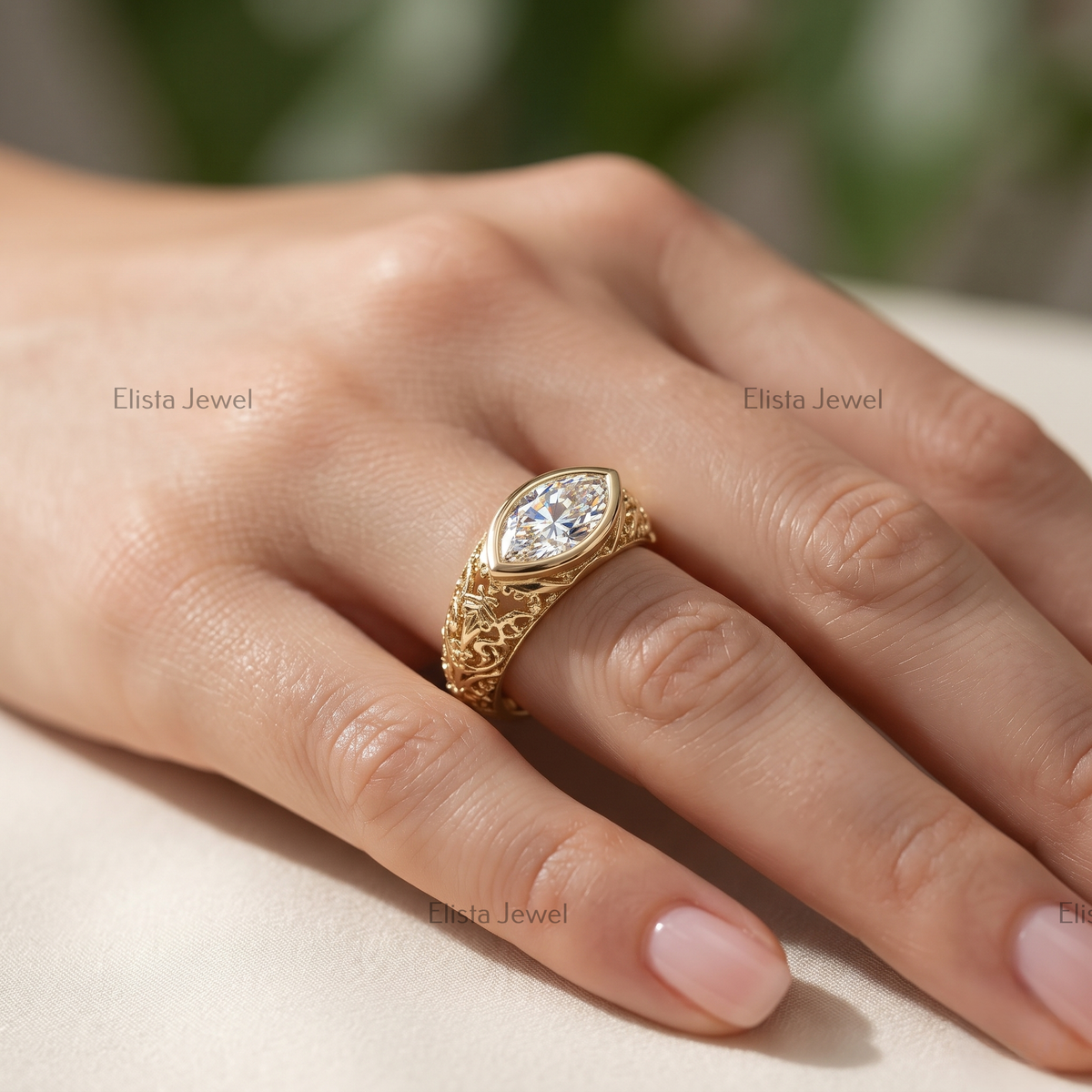 1 Carat Marquise Lab Grown Diamond Bezel Set Vintage Filigree Engagement Ring In 14K Yellow Gold, Hidden Birthstone Ring