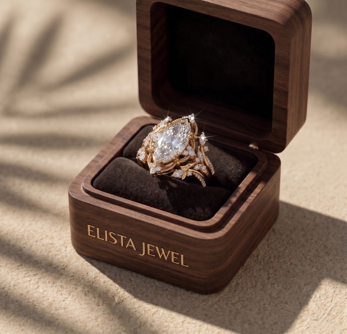 Marquise Lab Grown Diamond Ring Set, Vintage Floral Engagement Ring, Yellow Gold Bridal Set, Unique Wedding Ring for Women