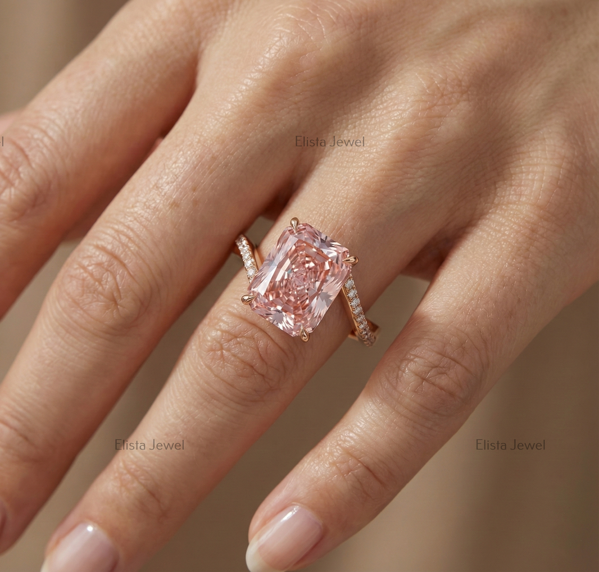 Pink Radiant Lab Diamond Ring, 14K Rose Gold Twisted Band