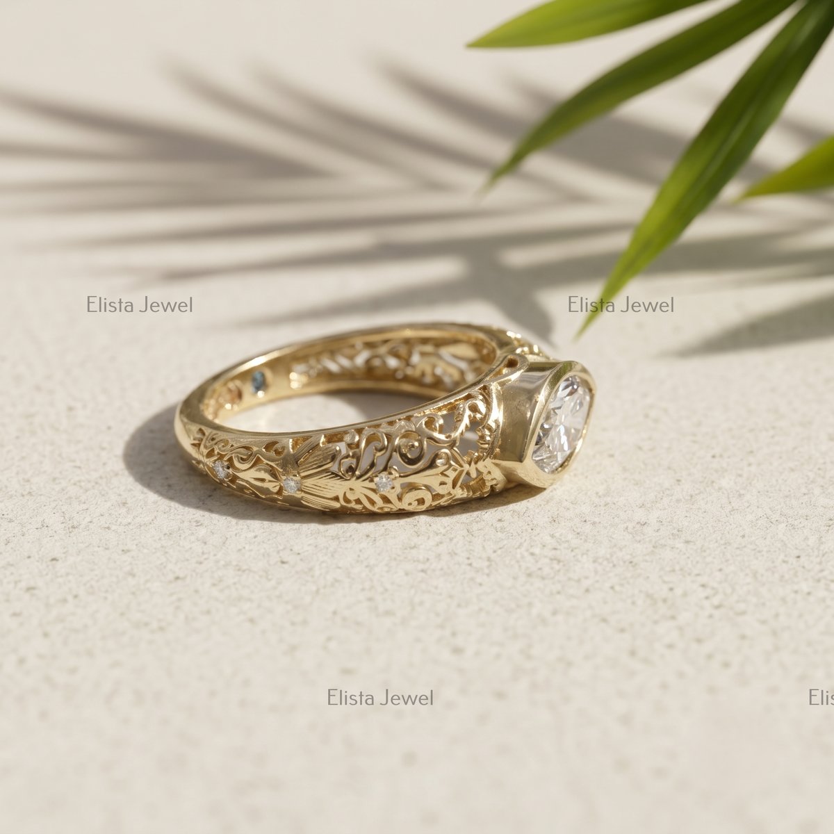 1 Carat Marquise Lab Grown Diamond Bezel Set Vintage Filigree Engagement Ring In 14K Yellow Gold, Hidden Birthstone Ring