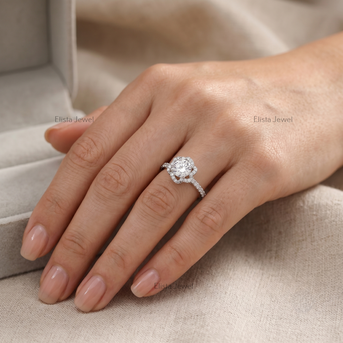 Round Lab Grown Diamond Halo Engagement Ring, Vintage Floral White Gold, IGI Certified