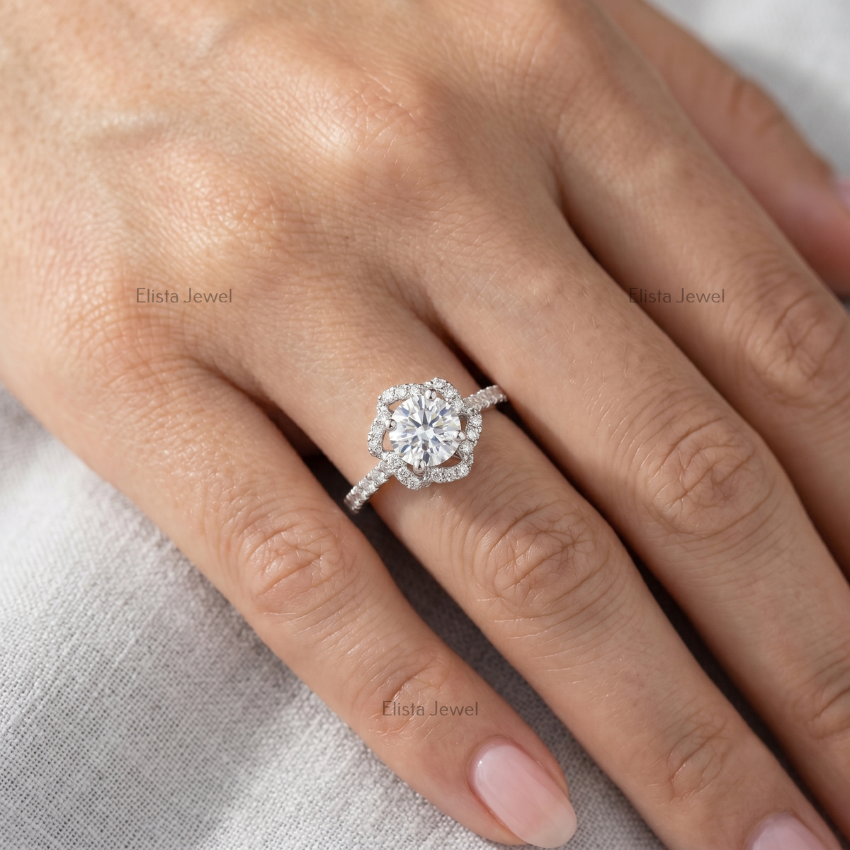 Round Lab Grown Diamond Halo Engagement Ring, Vintage Floral White Gold, IGI Certified