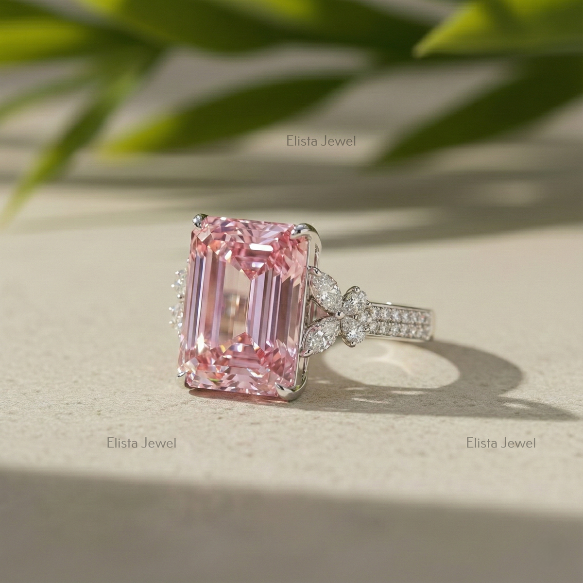 Emerald Cut Ring Pink Lab-Grown Diamond Cocktail 14K White Gold Floral Band