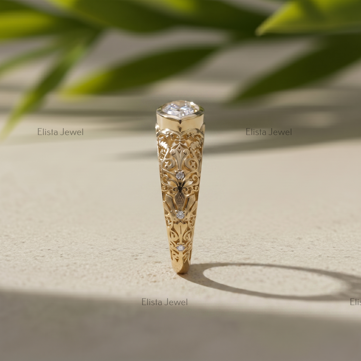 1 Carat Marquise Lab Grown Diamond Bezel Set Vintage Filigree Engagement Ring In 14K Yellow Gold, Hidden Birthstone Ring