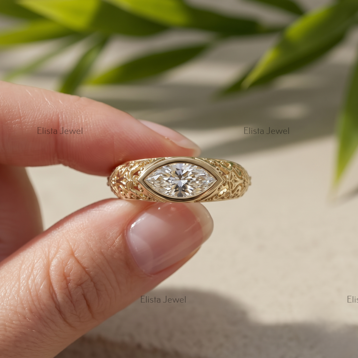 1 Carat Marquise Lab Grown Diamond Bezel Set Vintage Filigree Engagement Ring In 14K Yellow Gold, Hidden Birthstone Ring