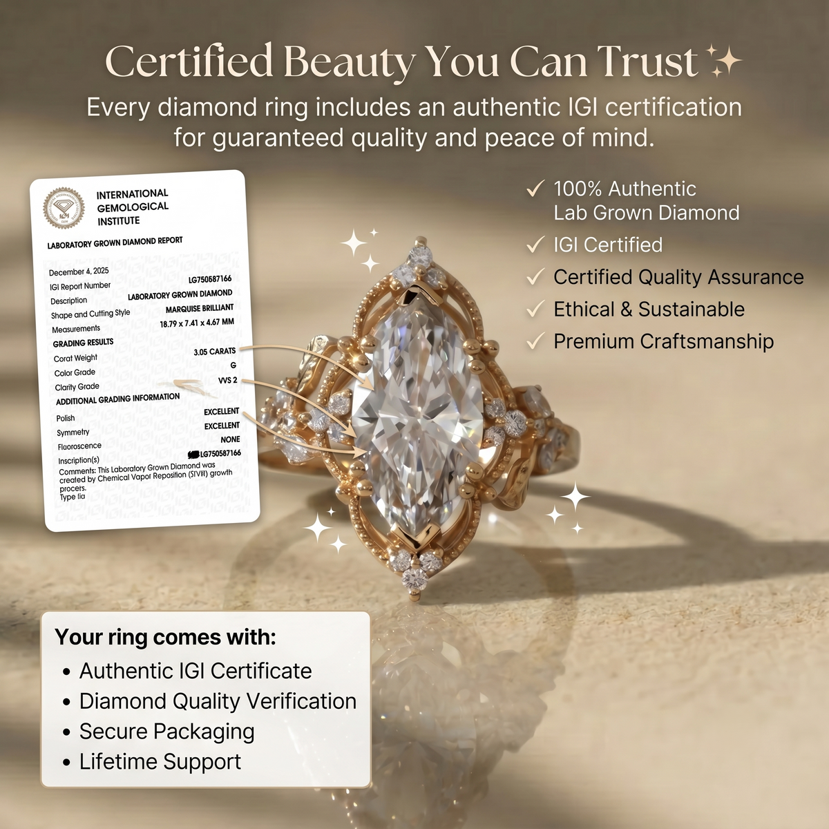 Marquise Lab Grown Diamond Ring Set, Vintage Floral Engagement Ring, Yellow Gold Bridal Set, Unique Wedding Ring for Women