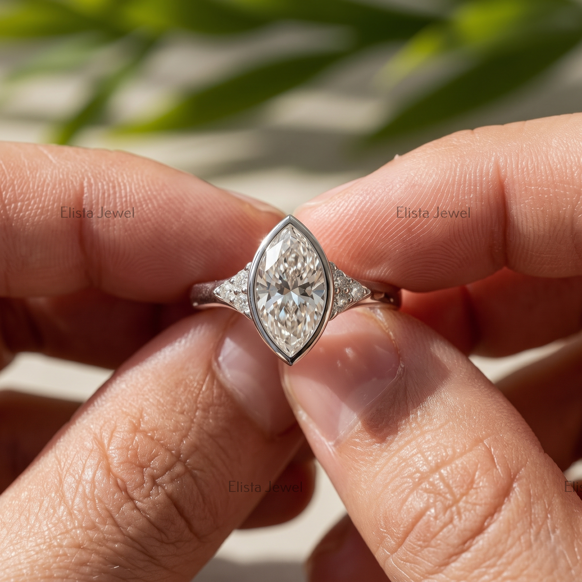 3 Carat F/VVS2 Marquise Lab Diamond Cluster Ring, 950 Platinum Bezel Set Engagement