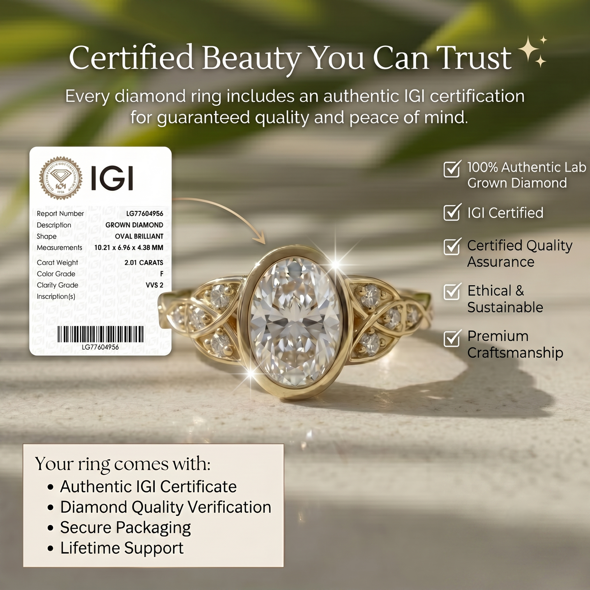 2 Carat Oval Lab Grown F/VVS2 Diamond Bezel Set Engagement Ring, 14K Yellow Gold Vintage Leaf Filigree, IGI Certified Diamond