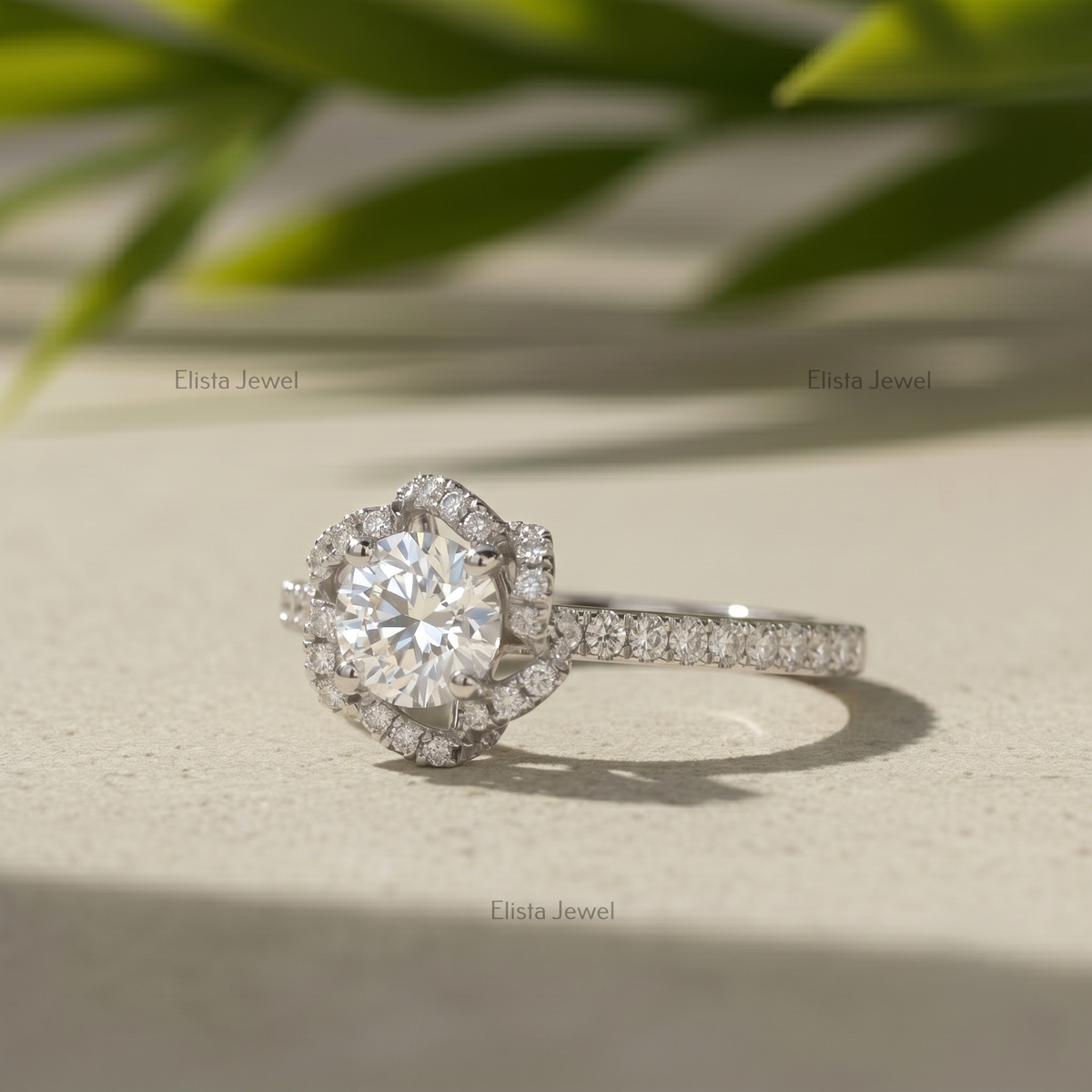 Round Lab Grown Diamond Halo Engagement Ring, Vintage Floral White Gold, IGI Certified