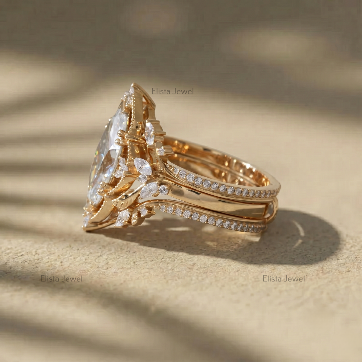 Marquise Lab Grown Diamond Ring Set, Vintage Floral Engagement Ring, Yellow Gold Bridal Set, Unique Wedding Ring for Women