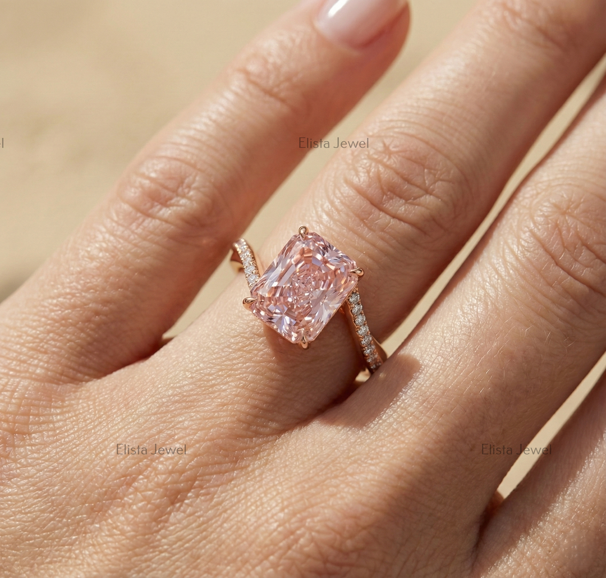 Pink Radiant Lab Diamond Ring, 14K Rose Gold Twisted Band