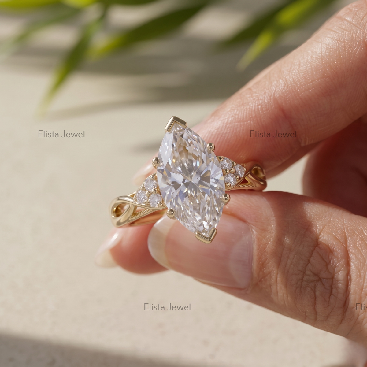 2 Carat F/VVS2 Marquise Lab Grown Diamond Cluster Engagement Ring, 14K Yellow Gold Modern Wedding Ring