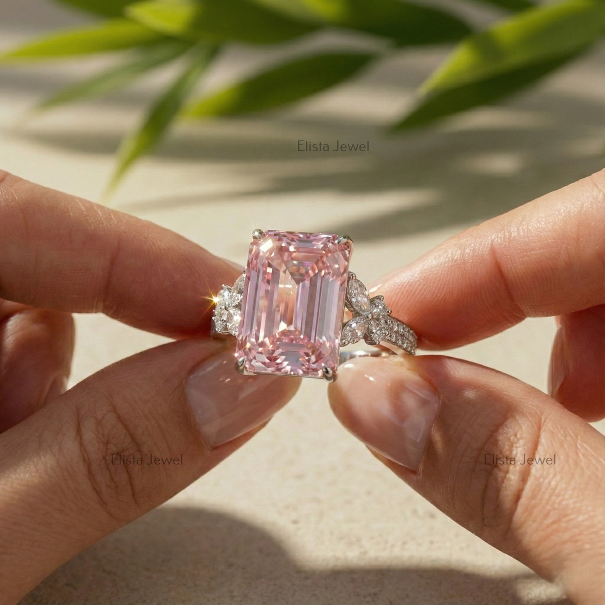 Emerald Cut Ring Pink Lab-Grown Diamond Cocktail 14K White Gold Floral Band