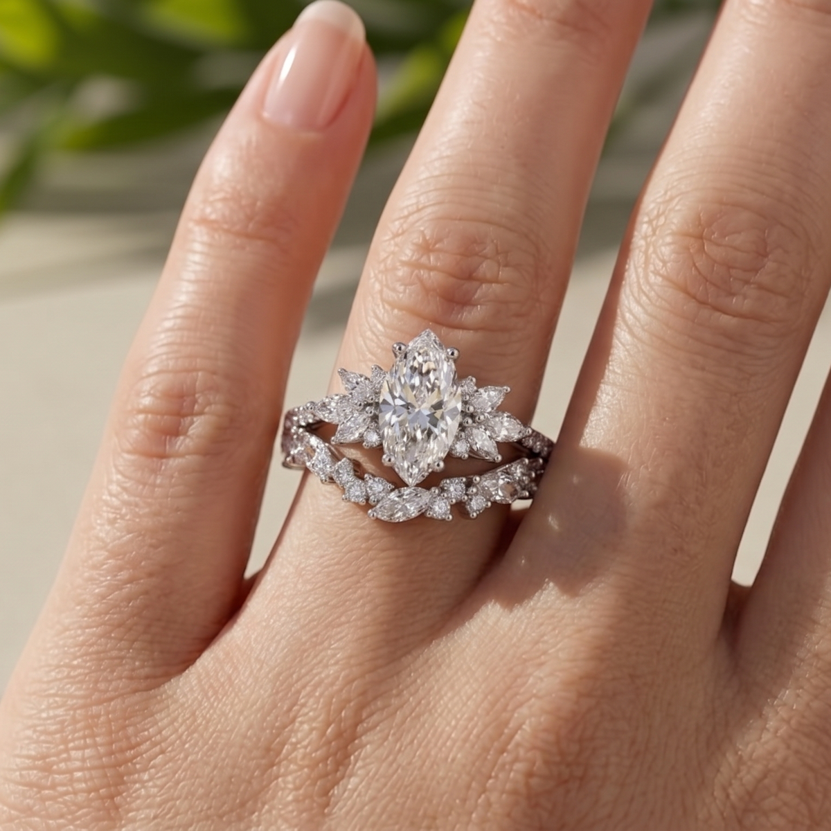 Bridal Set Marquise Lab-Grown Diamond Engagement Ring 14K White Gold Cluster Band
