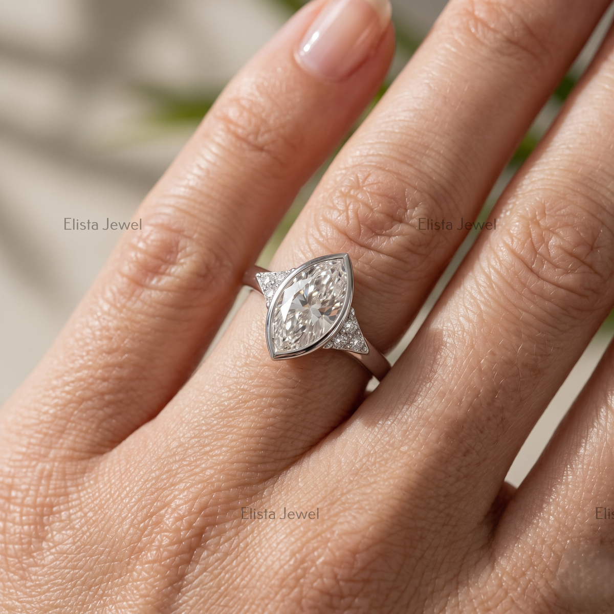 3 Carat F/VVS2 Marquise Lab Diamond Cluster Ring, 950 Platinum Bezel Set Engagement