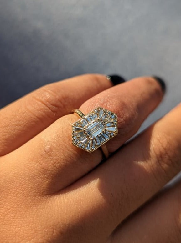 Emerald Cut Diamond Mosaic Ring For Women, Gold Ballerina